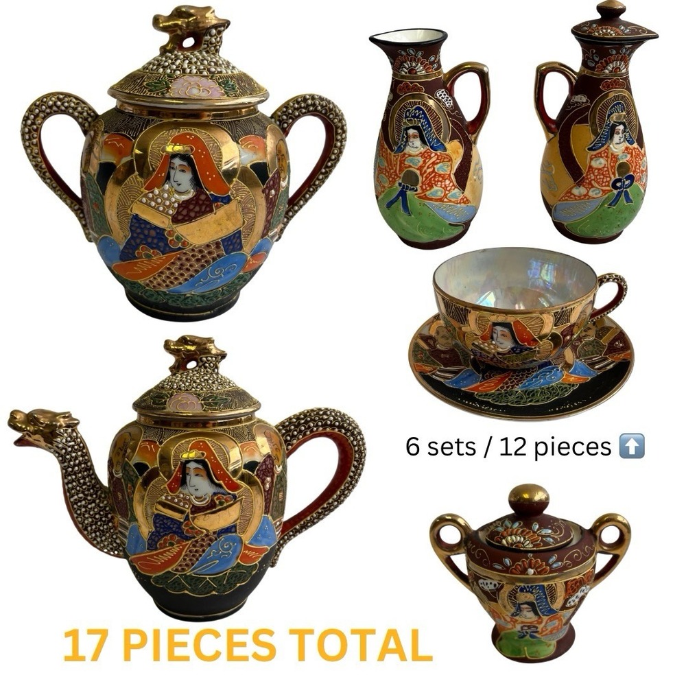 Vintage Japanese Moriage Gilded Dragon Ware 17 Piece Ceramic Set